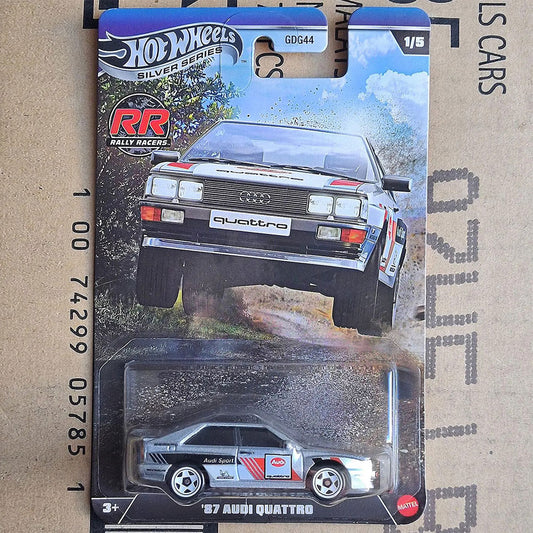 Hot Wheels Silver Series ’87 Audi Quattro in silver Audi Sport rally livery from Rally Racers. Collectible classic Audi rally car, new in original packaging.