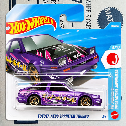 Hot Wheels die-cast toy car in its original blister packaging, featuring a purple Toyota AE86 Sprinter Trueno with Japanese livery. The card backing displays a larger illustration of the car and Hot Wheels branding.