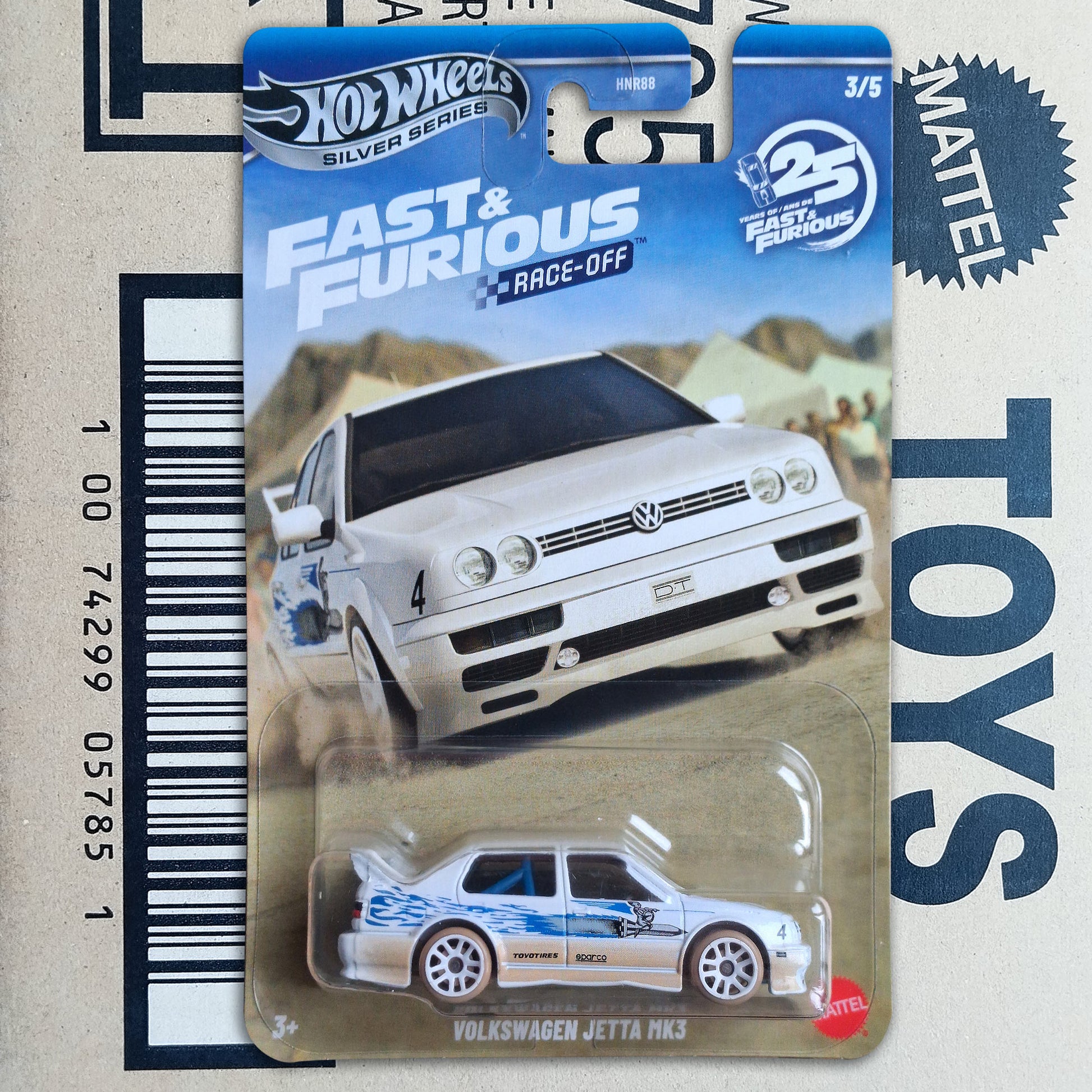 Hot Wheels Silver Series Fast & Furious Race-Off 3/5 scale diecast model car of a Volkswagen Jetta R3, in its original blister pack packaging, displayed on a cardboard background with a barcode and a Mattel logo.