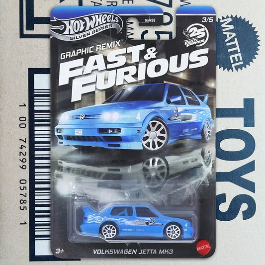 Hot Wheels Silver Series Fast & Furious graphic remix carded toy car of a blue Volkswagen Jetta MK3, shown in its original blister packaging with a Hot Wheels logo and a Mattel logo.