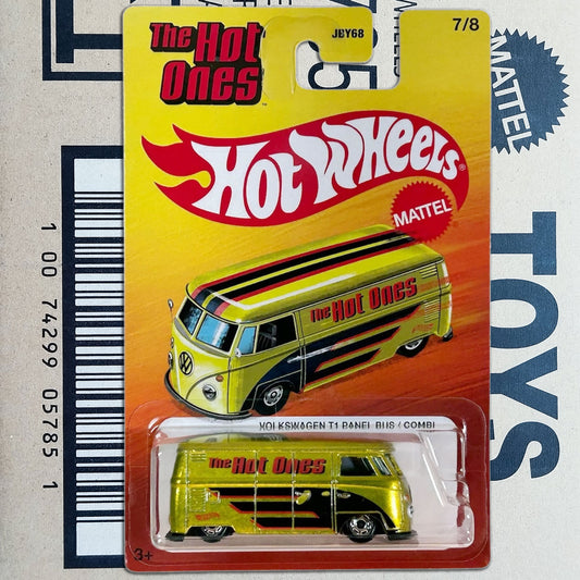 A Hot Wheels 'The Hot Ones' yellow and black van toy car in its original blister card packaging, featuring the iconic red and yellow Hot Wheels logo.