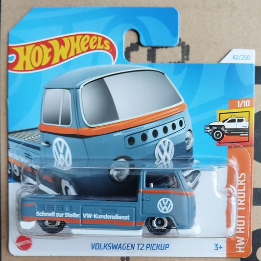 Hot Wheels Volkswagen T2 Pickup toy truck in its original blister card packaging, featuring a blue and orange die-cast model truck with VW logos.