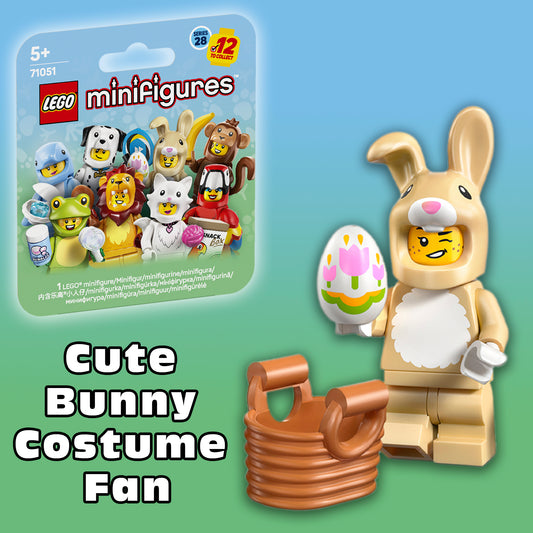 LEGO Cute Bunny Costume Fan minifigure from Series 28 set 71051 collectible figure with Easter egg and basket accessories.