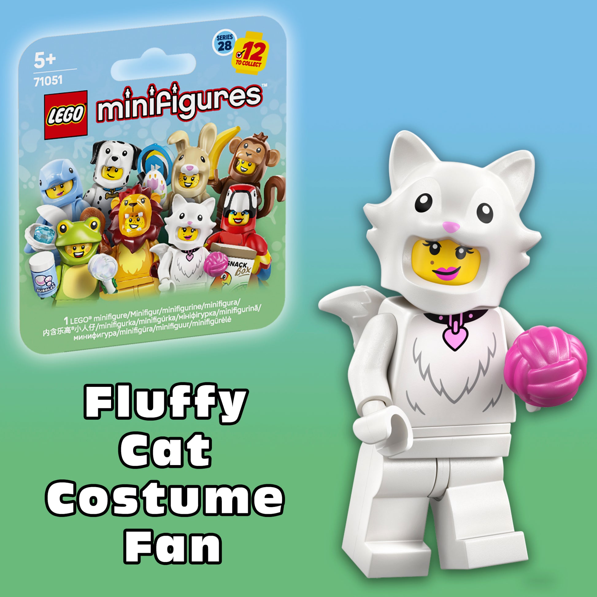 LEGO Fluffy Cat Costume Fan minifigure from Series 28 set 71051 collectible figure with yarn ball accessory.