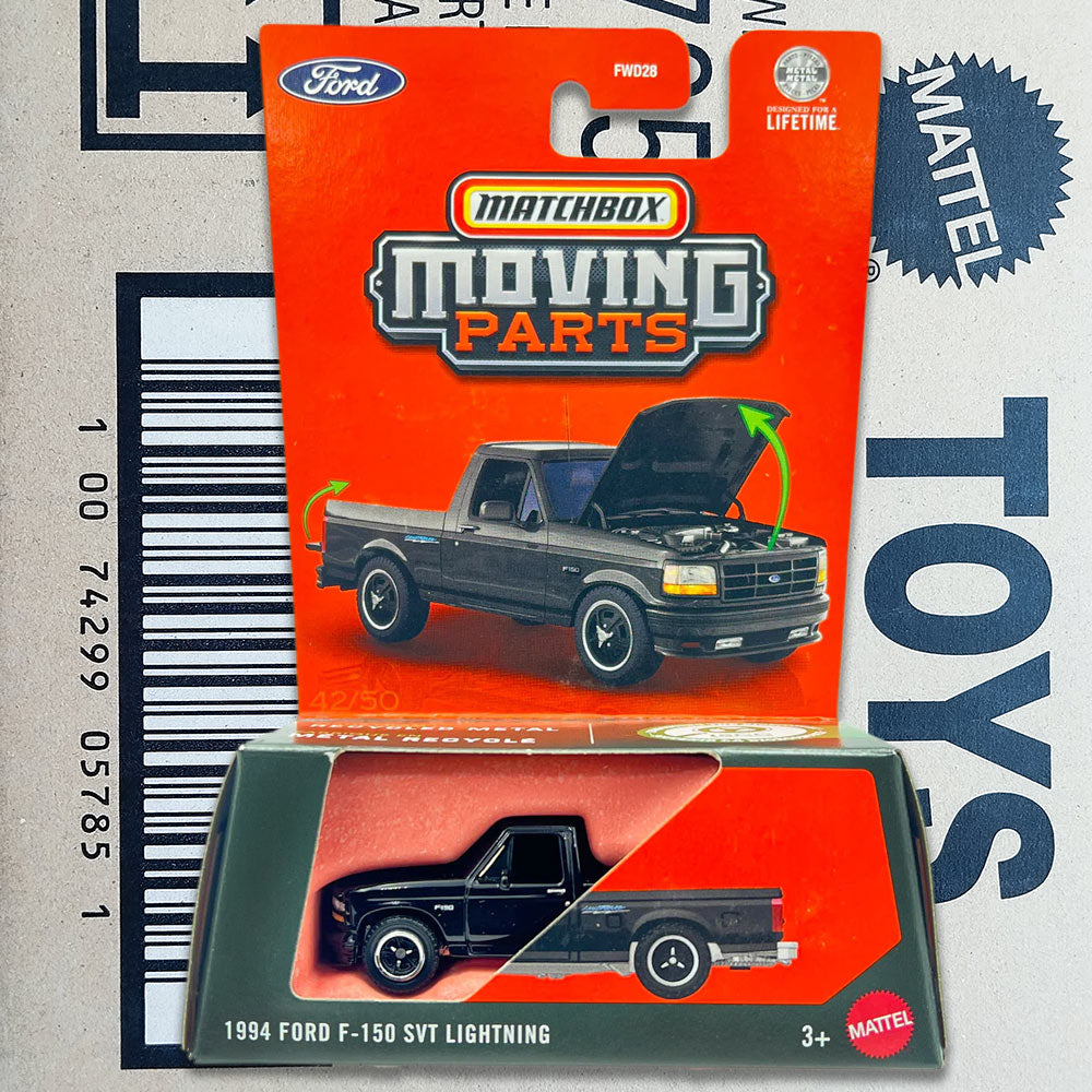 Matchbox Moving Parts 1994 Ford F-150 SVT Lightning black die-cast pickup truck in original packaging