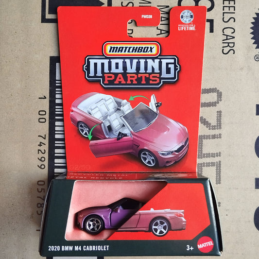 Matchbox Moving Parts toy car in its original red blister packaging, featuring a 2020 BMW M4 Cabriolet die-cast model. The red backing card displays the Matchbox logo and an illustration of the toy car with its convertible top open.