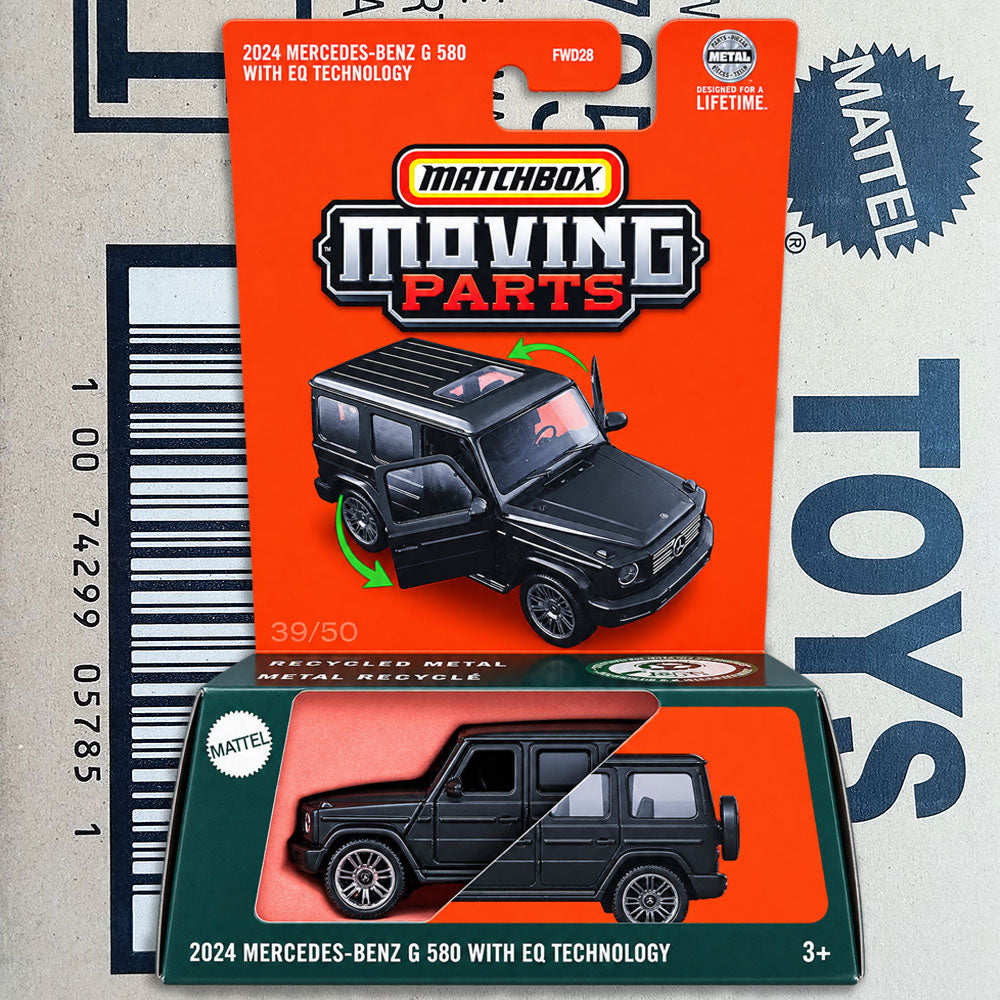 Matchbox Moving Parts 2024 Mercedes-Benz G 580 toy car in its original orange blister packaging, with a smaller unboxed view of the black metal die-cast vehicle in front of the card. Visible brands include Matchbox and Mattel.