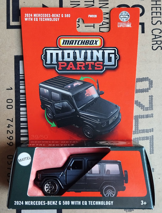 Matchbox Moving Parts 2024 Mercedes-Benz G 500 with EQ Technology toy car in its blister pack packaging, displayed on top of the original red card backing.