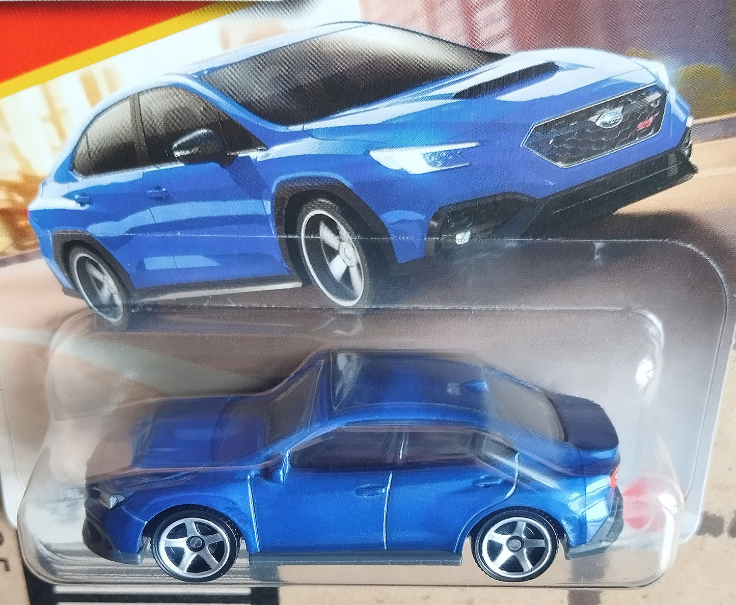Matchbox Subaru WRX S4 STI 2024 diecast 1/64 blue car close-up in packaging