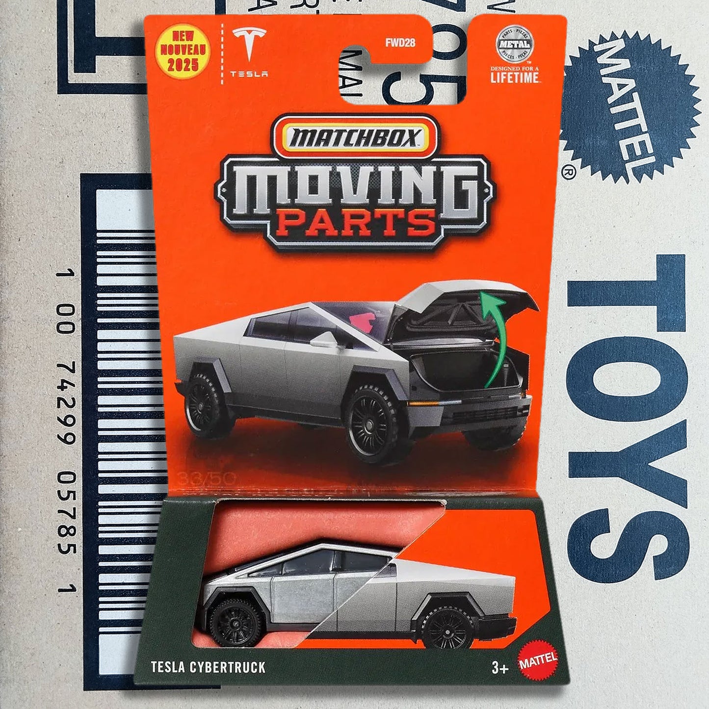 Matchbox Moving Parts Tesla Cybertruck 1/64 diecast model 2025 release in original retail packaging by Mattel.