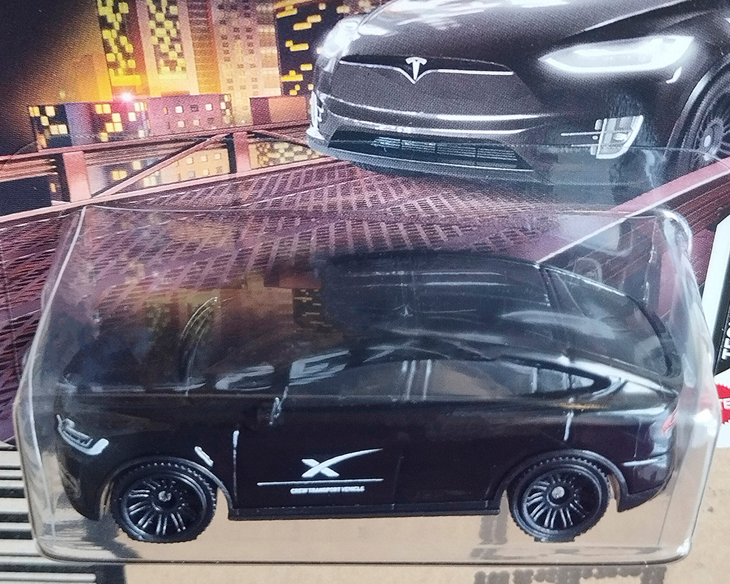 Front view of Matchbox TESLA Model X SpaceX diecast car