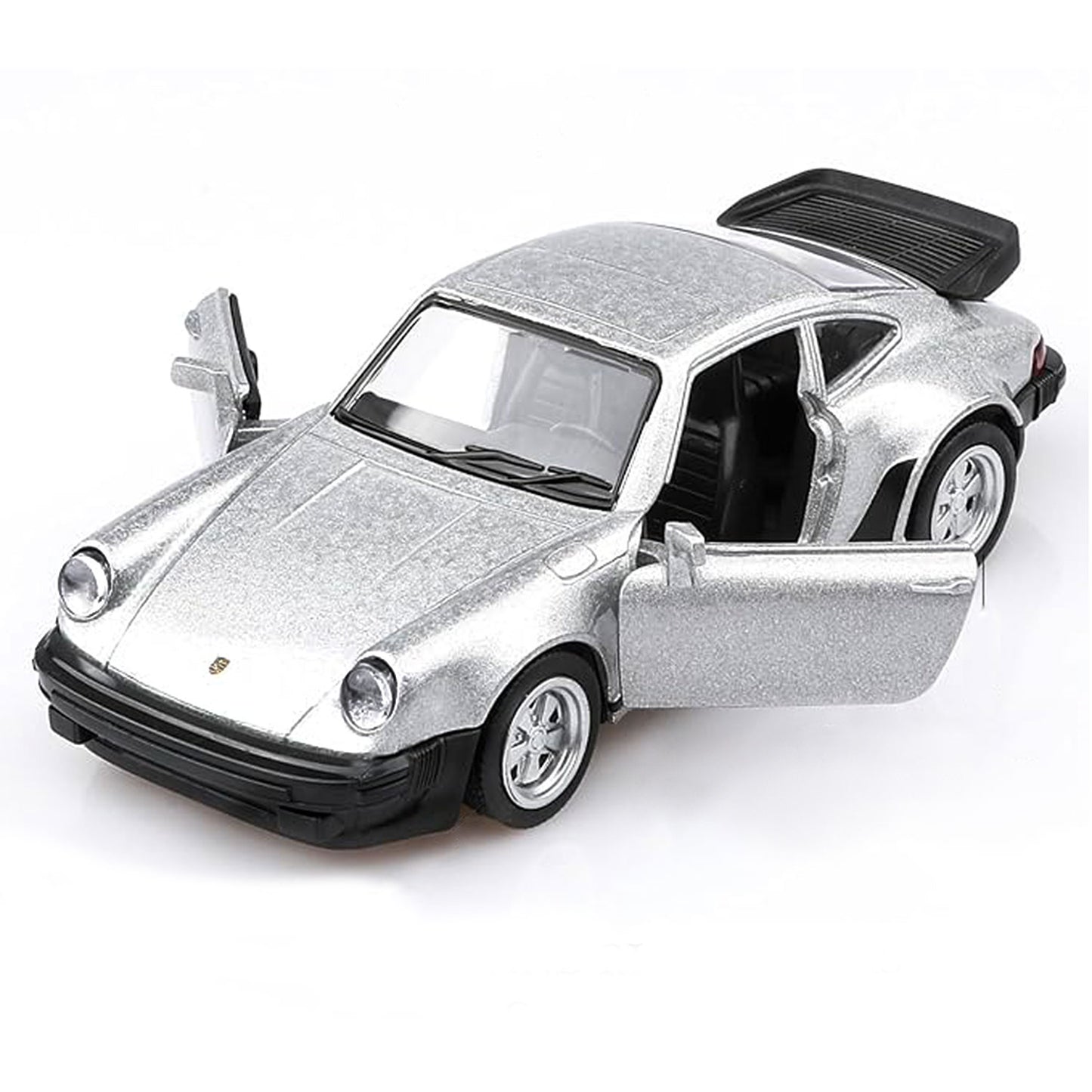 1978 Porsche 911 Turbo 3.3 silver diecast model car 1/36 scale with opening doors front view on white background