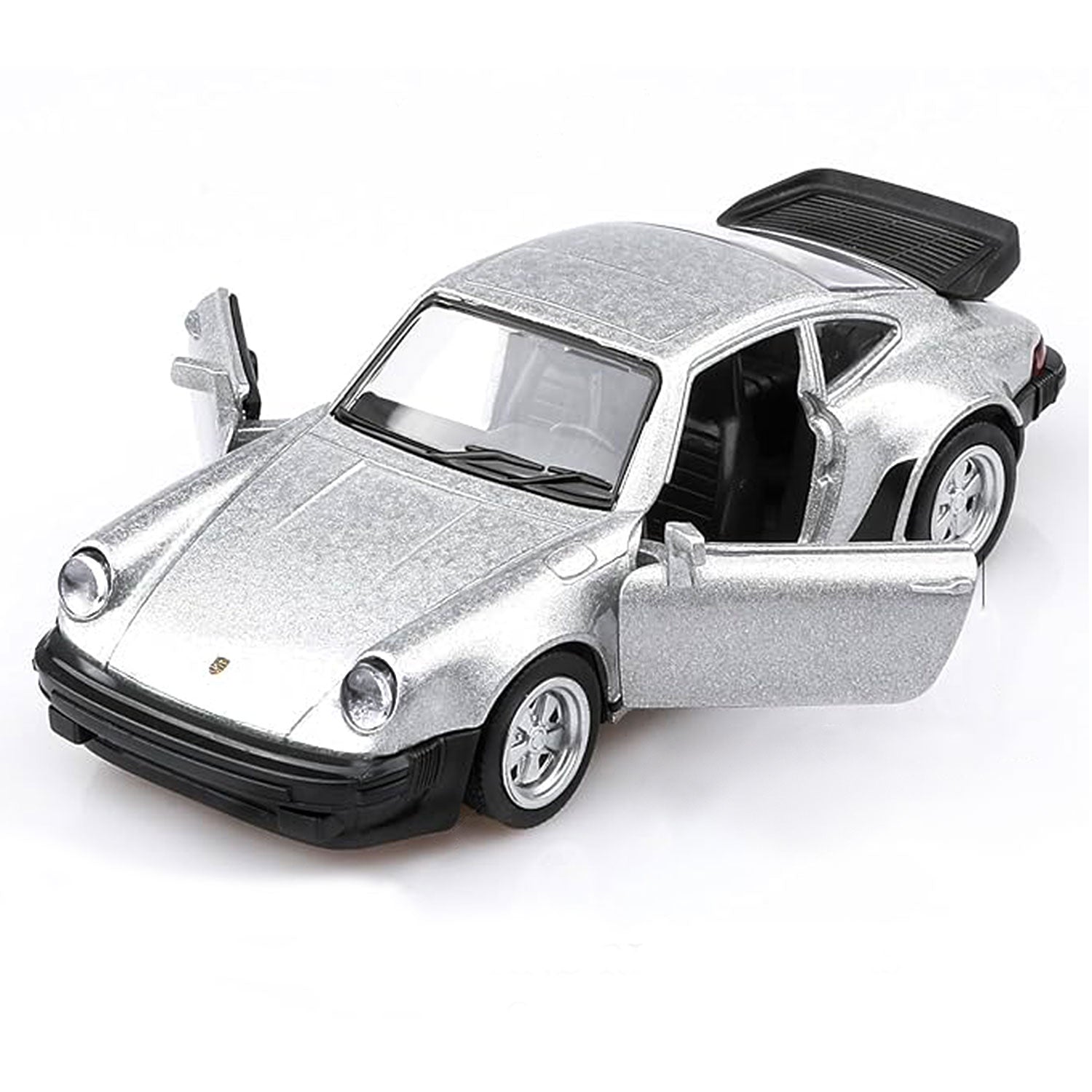 1978 Porsche 911 Turbo 3.3 silver diecast model car 1/36 scale with opening doors front view on white background