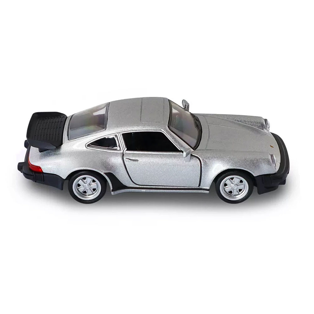 1978 Porsche 911 Turbo 3.3 silver diecast model car 1/36 scale side profile on white background