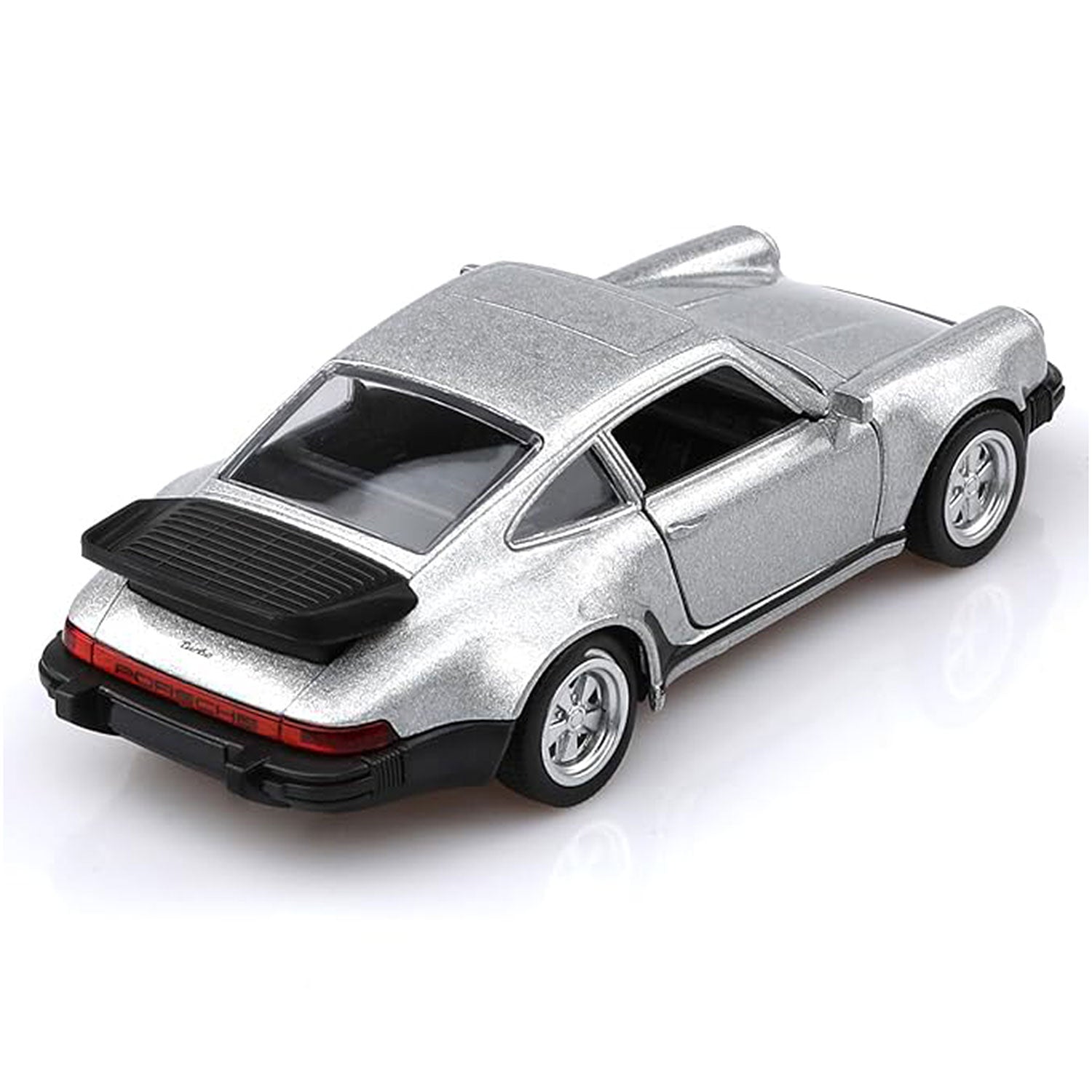 1978 Porsche 911 Turbo 3.3 silver diecast model car 1/36 scale rear view on white background
