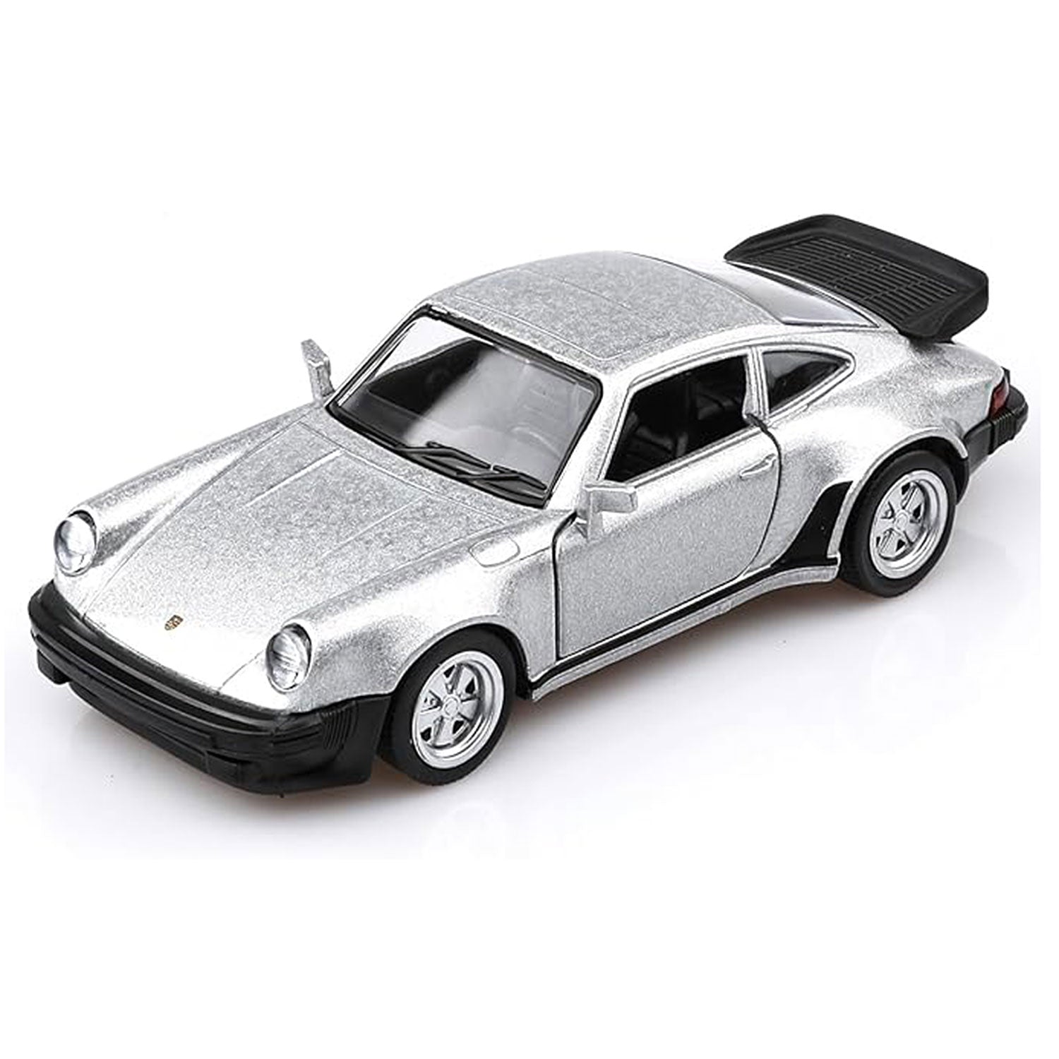 1978 Porsche 911 Turbo 3.3 silver diecast model car 1/36 scale side view on white background