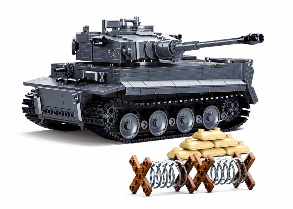 Assembled Sluban Tiger I WWII tank building blocks model, detailed side view
