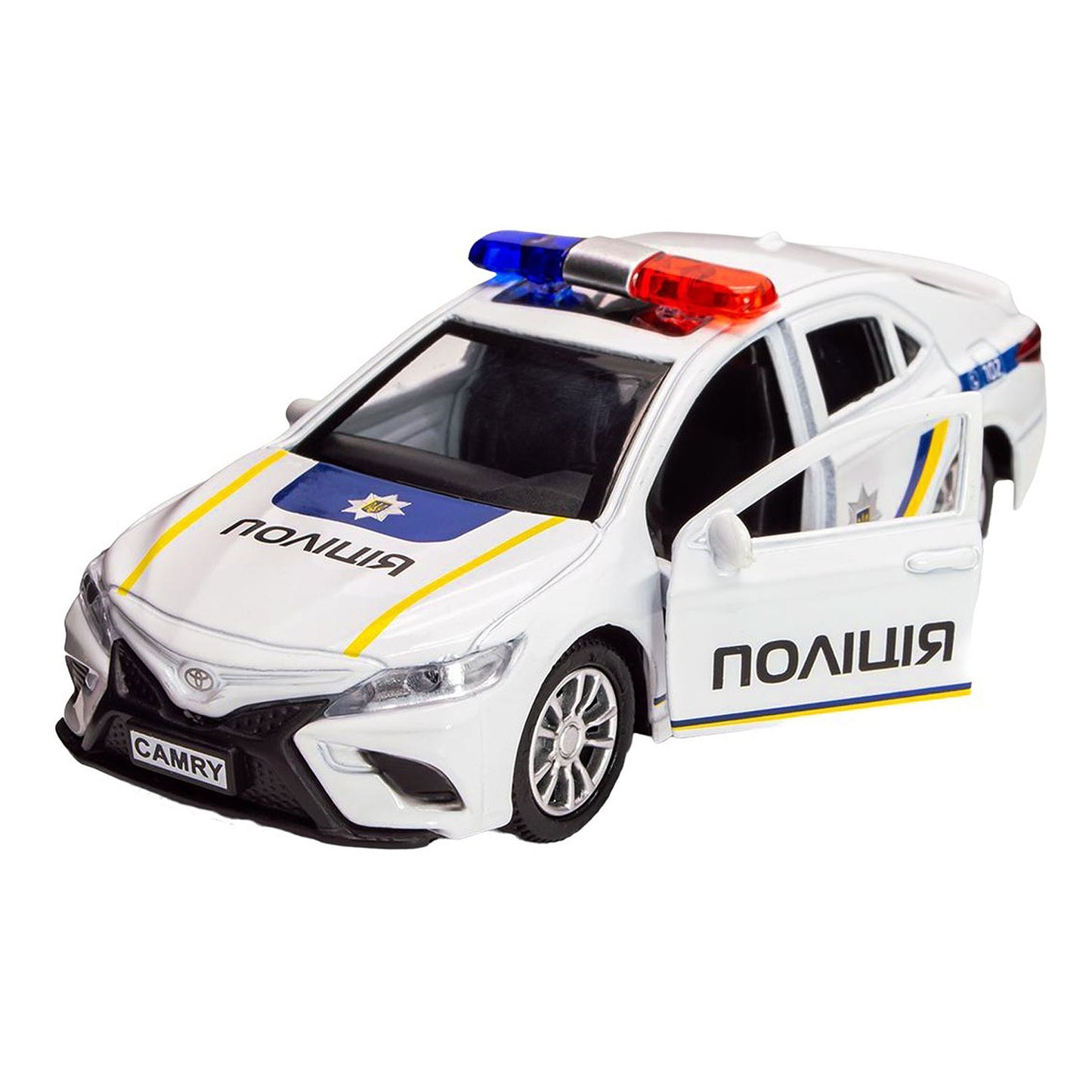 Toyota Camry Ukraine police car diecast 1:43 model with open doors on white background