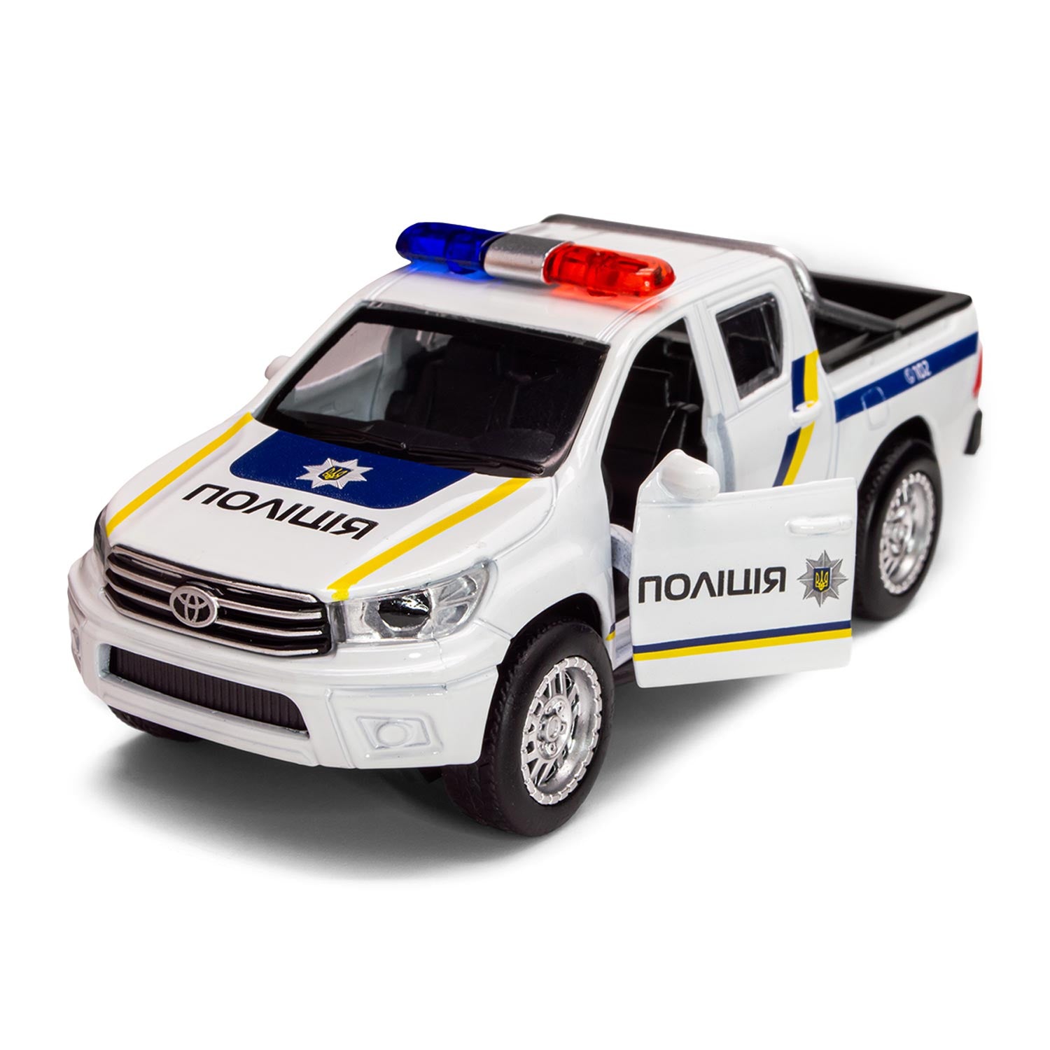 Toyota Hilux Ukraine police car diecast 1:43 model with open doors on white background